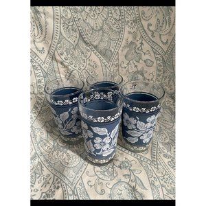 Hazel Atlas Wedgwood Blue White Frosted Dogwood Glasses, Vintage, 1950s, Mid-Cen